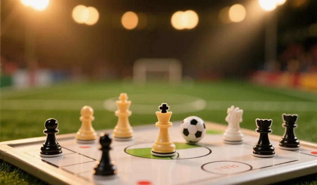 足球战术板上摆放着精致的磁铁棋子，背景是温暖的灯光与模糊的绿茵场